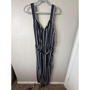 COTTON:ON Womens L Striped Navy V-Neck Belted Jumpsuit Summer Casual